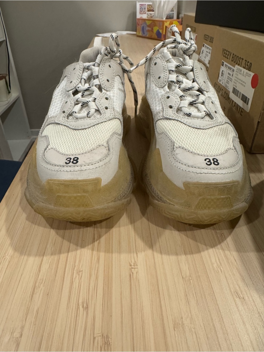 Balenciaga White and Tan Triple S Chunky Sneakers